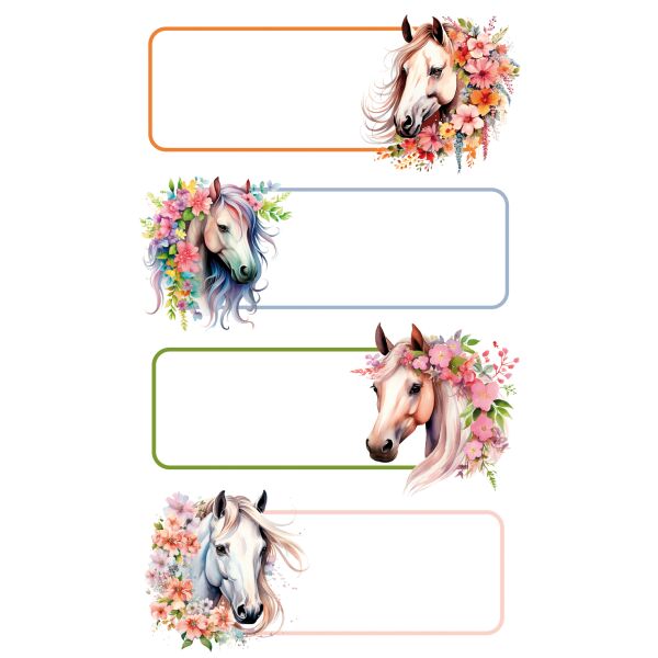 Sticker Aufkleber Buchetiketten Pferde Blumen 4 Aufkleber 3 Bögen