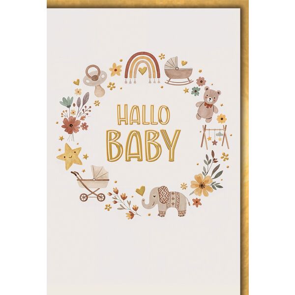 Geburt Baby neutral Grußkarte mit Umschlag Kranz Teddy Elefant Schnuller