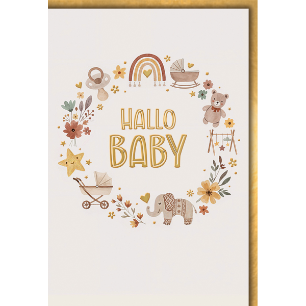 Geburt Baby neutral Grußkarte mit Umschlag Kranz Teddy Elefant Schnuller