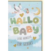 Geburt Baby neutral Grußkarte mit Umschlag Storch...