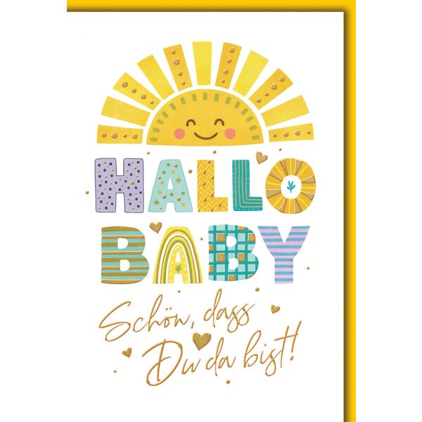Geburt Baby neutral Grußkarte mit Umschlag Sonne bunt "Hallo Baby"
