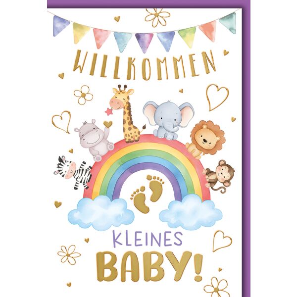 Geburt Baby neutral Grußkarte mit Umschlag Regenbogen mit Tieren