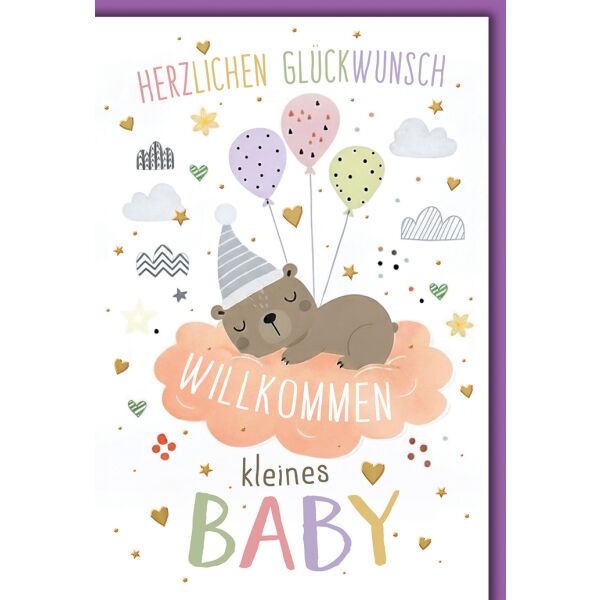 Geburt Baby neutral Grußkarte mit Umschlag Bär auf Wolke mit Luftballons