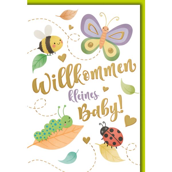 Geburt Baby neutral Grußkarte mit Umschlag Schmetterling Raupe Biene Käfer