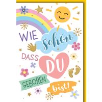 Geburt Baby neutral Grußkarte mit Umschlag Sonne...
