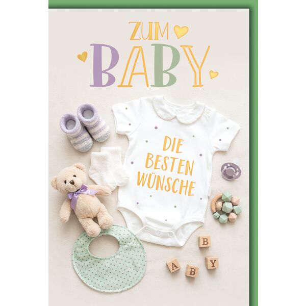 Geburt Baby neutral Grußkarte mit Umschlag Teddy Schühchen Lätzchen Die besten Wünsche