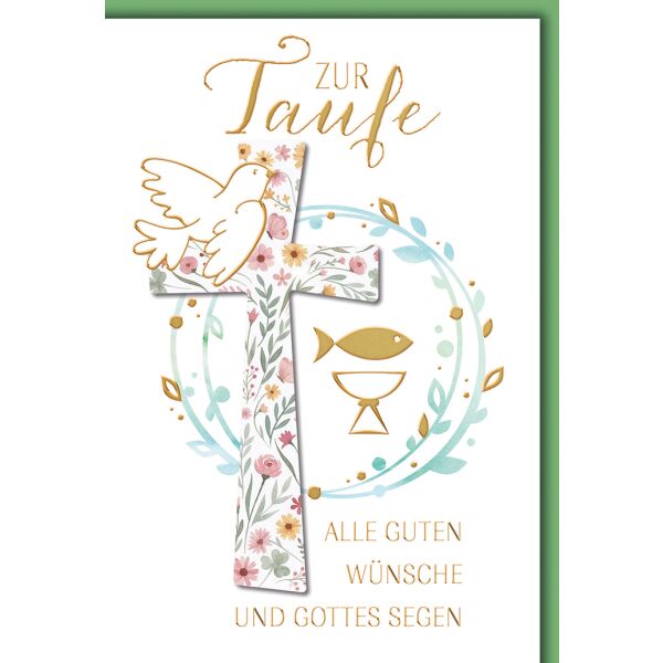 Taufe Grußkarte mit Umschlag Kreuz Taube Fische mit Goldfolie