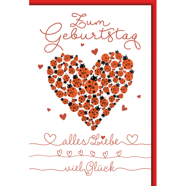 Geburtstag Grußkarte mit Umschlag Herz aus Marienkäfern