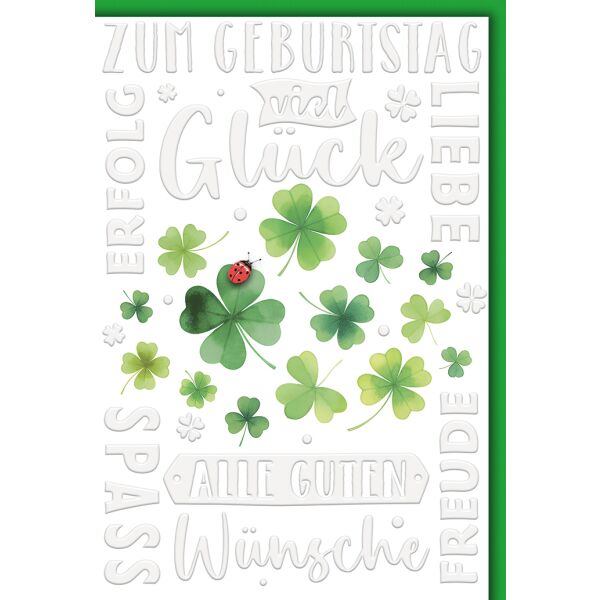 Geburtstag Grußkarte mit Umschlag Glücksklee und Glückskäfer
