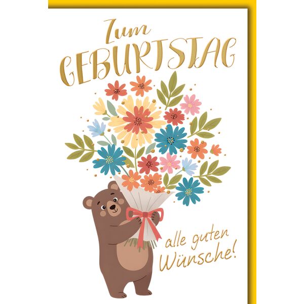 Geburtstag Grußkarte mit Umschlag Bär mit Blumenstrauß