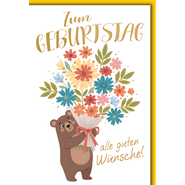 Geburtstag Grußkarte mit Umschlag Bär mit Blumenstrauß