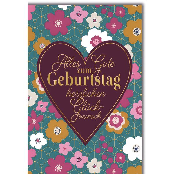 Geburtstag Grußkarte mit Umschlag Herz auf Blütenmuster