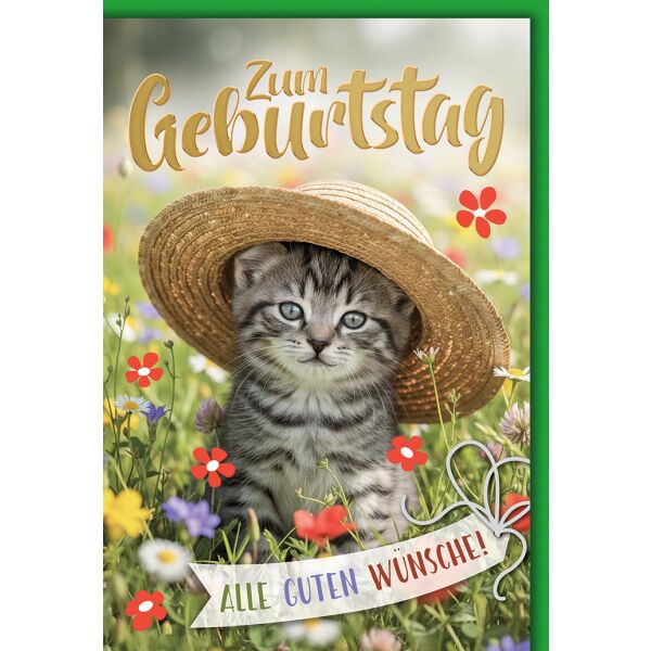 Geburtstag Grußkarte mit Umschlag Kätzchen mit Strohhut