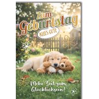 Geburtstag Grußkarte mit Umschlag Welpe mit Teddy