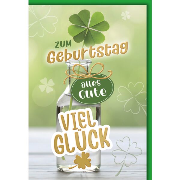 Geburtstag Grußkarte mit Umschlag Glücksklee in Glasflasche