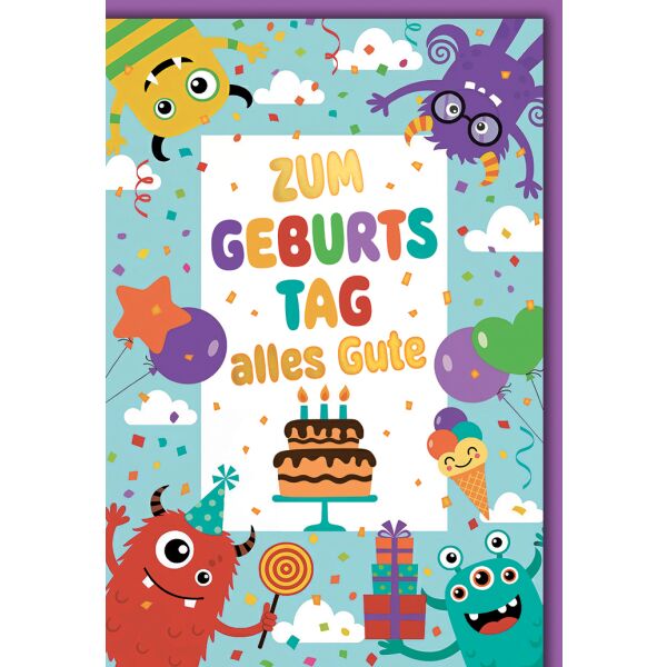 Kindergeburtstag Grußkarte mit Umschlag Monster Luftballons Konfetti