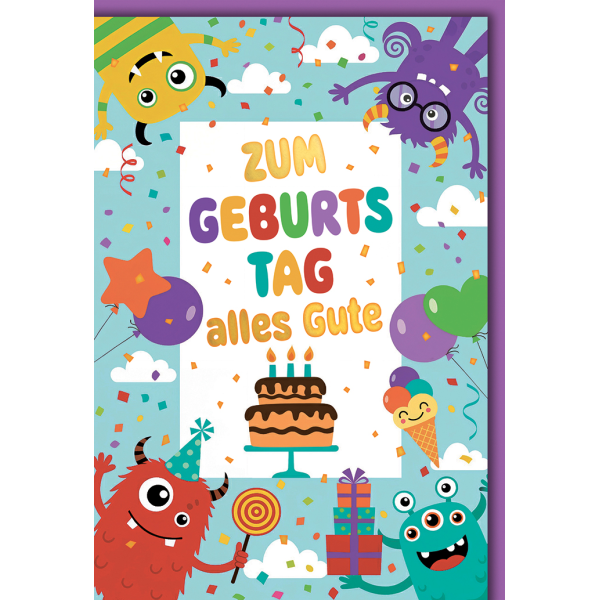 Kindergeburtstag Grußkarte mit Umschlag Monster Luftballons Konfetti