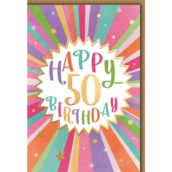 50. Geburtstag Grußkarte mit Umschlag bunte Strahlen Sterne