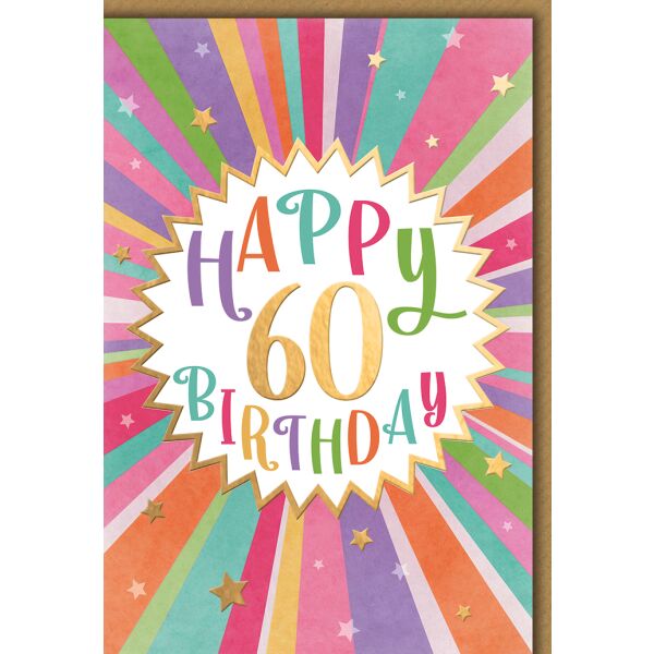 60. Geburtstag Grußkarte mit Umschlag bunte Strahlen Sterne
