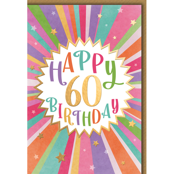 60. Geburtstag Grußkarte mit Umschlag bunte Strahlen Sterne