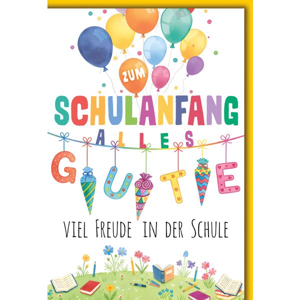 Schulanfang Grußkarte mit Umschlag bunte Luftballons, Girlande