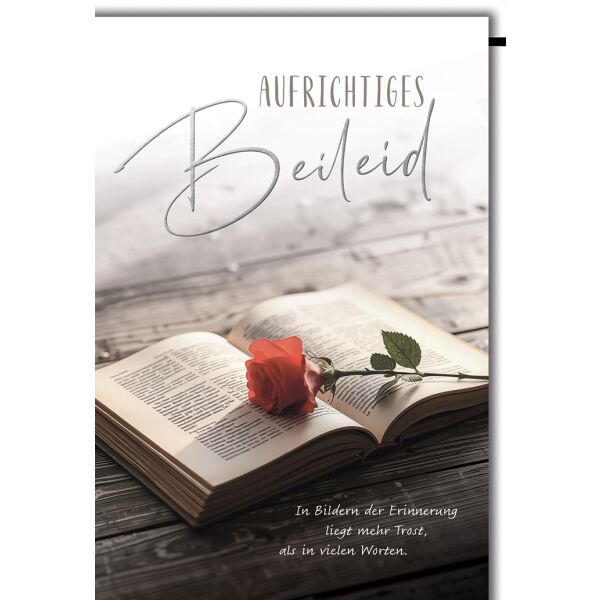 Trauer Kondolenz Beileidskarte mit Umschlag Aufrichtiges Beileid Rose auf Buch