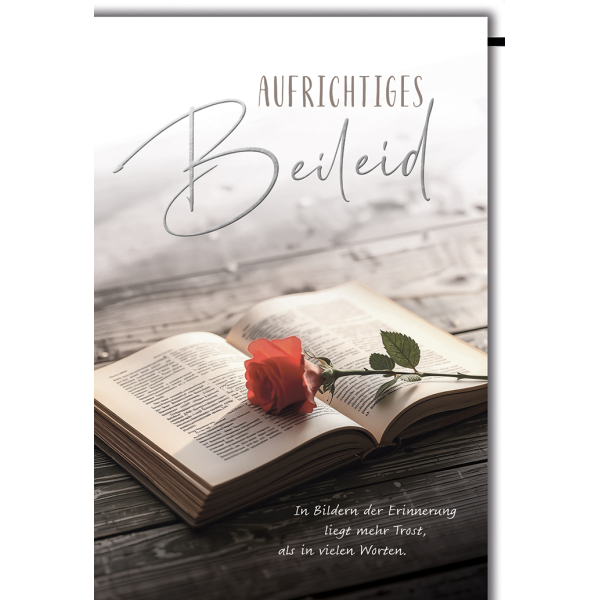 Trauer Kondolenz Beileidskarte mit Umschlag Aufrichtiges Beileid Rose auf Buch