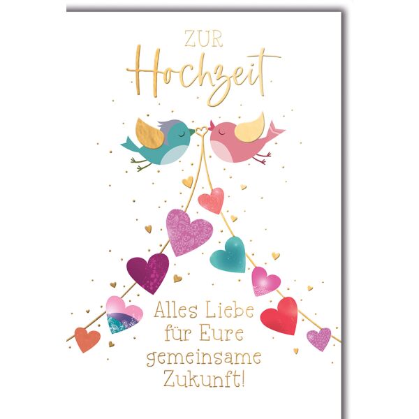 Hochzeit Grußkarte mit Umschlag zwei bunte Vögel Herz Girlande