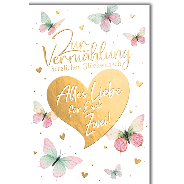 Hochzeit Grußkarte mit Umschlag Goldherz Schmetterlinge
