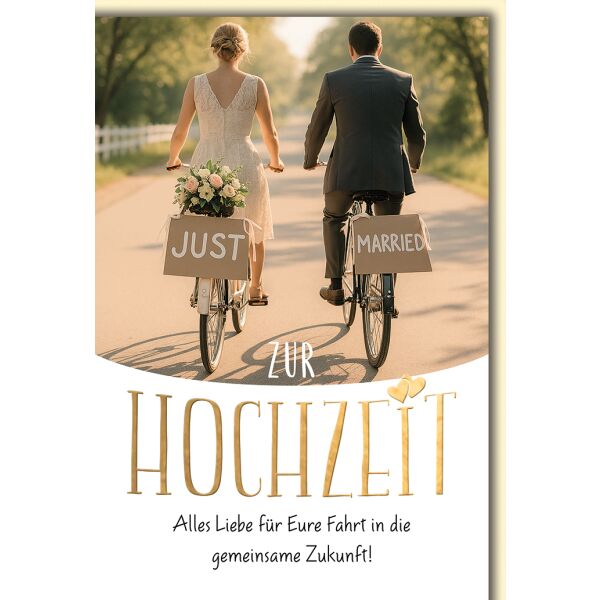 Hochzeit Grußkarte mit Umschlag Ehepaar auf Fahrrädern Just Married