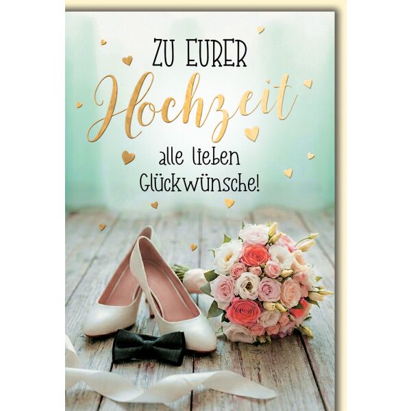 Hochzeit Grußkarte mit Umschlag Brautschuhe Fliege Strauß