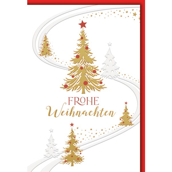 Weihnachten Grußkarte mit Umschlag Schneepiste goldene Bäume