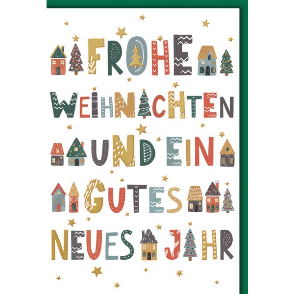 Weihnachten Grußkarte mit Umschlag Frohe Weihnachten mit Tannen und Häusern