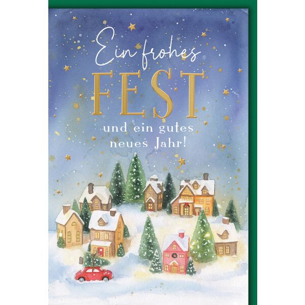 Weihnachten Grußkarte mit Umschlag Dorf im Schnee Sternenhimmel
