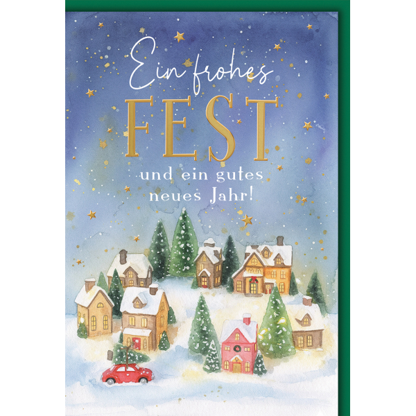 Weihnachten Grußkarte mit Umschlag Dorf im Schnee Sternenhimmel