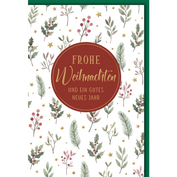 Weihnachten Grußkarte mit Umschlag Zweige Text auf rotem Kreis