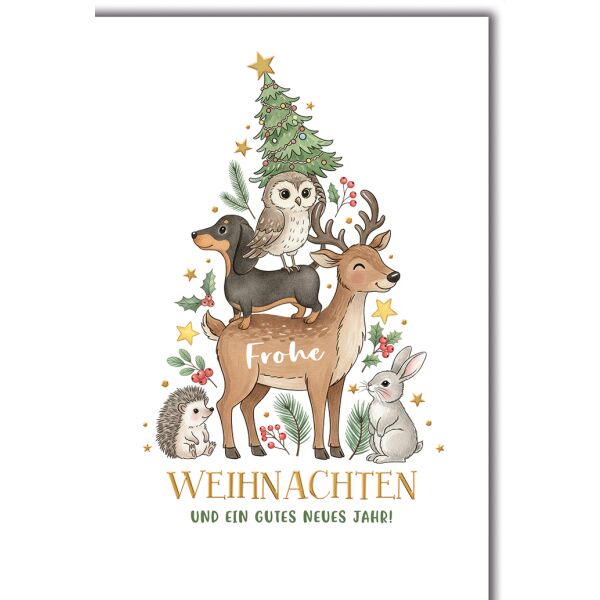 Weihnachten Grußkarte mit Umschlag Dackel und Waldtiere als Tanne