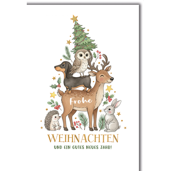 Weihnachten Grußkarte mit Umschlag Dackel und Waldtiere als Tanne
