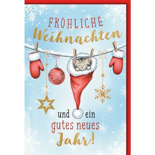 Weihnachten Grußkarte mit Umschlag Katze in Weihnachtsmütze an Wäscheleine