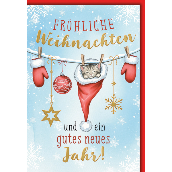 Weihnachten Grußkarte mit Umschlag Katze in Weihnachtsmütze an Wäscheleine