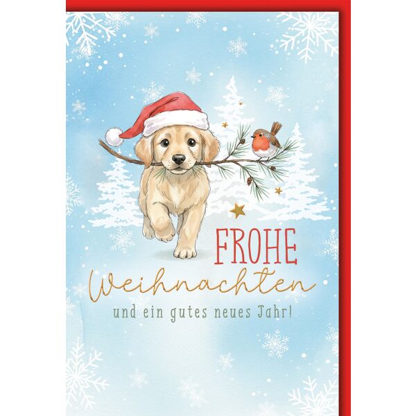 Weihnachten Grußkarte mit Umschlag Welpe mit Weihnachtsmütze trägt Zweig
