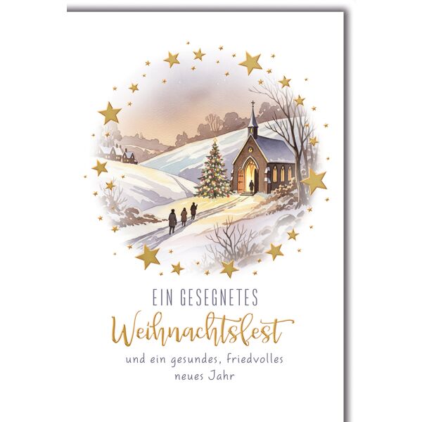 Weihnachten Grußkarte mit Umschlag Kirche goldene Sterne