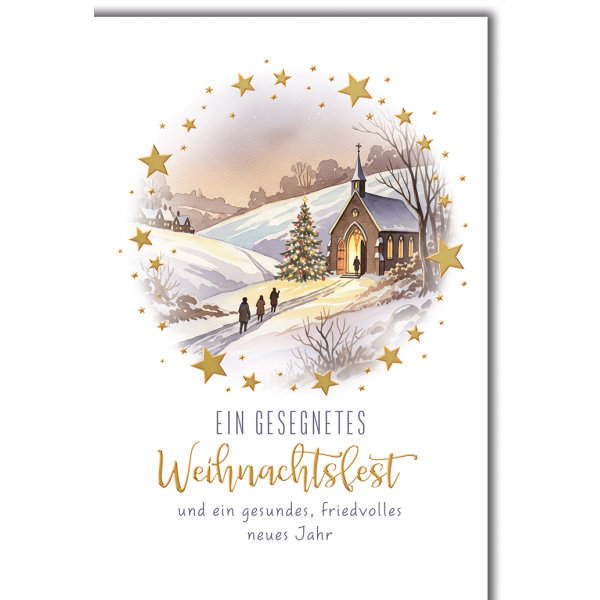 Weihnachten Grußkarte mit Umschlag Kirche goldene Sterne