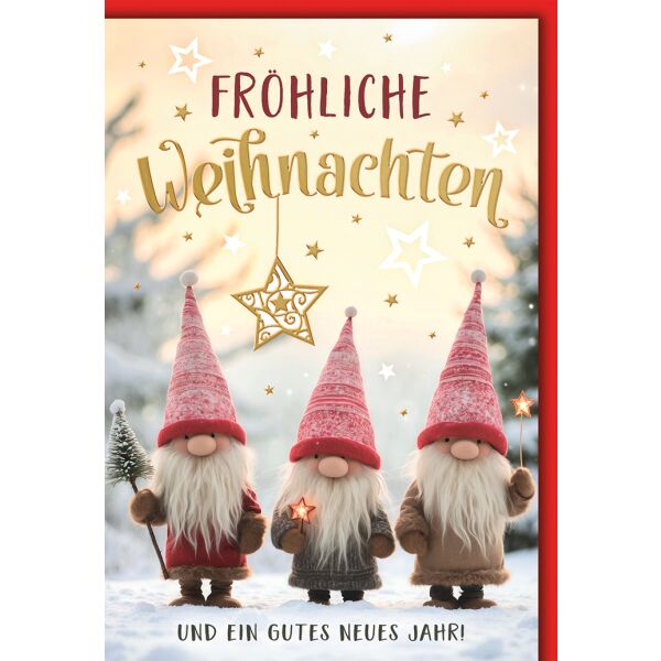 Weihnachten Grußkarte mit Umschlag Drei Wichtel im Schnee