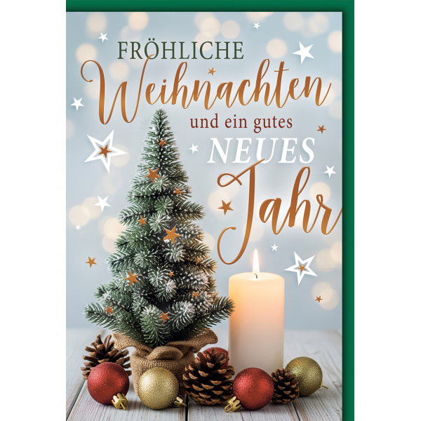 Weihnachten Grußkarte mit Umschlag Kleiner Baum Kerze und Kugeln