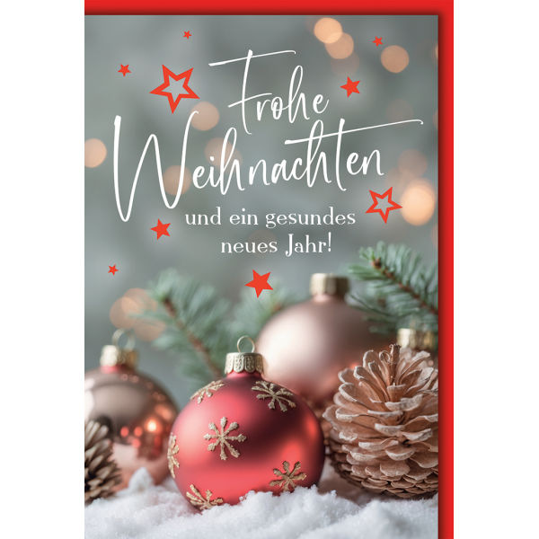 Weihnachten Grußkarte mit Umschlag Kugeln & Zapfen im Schnee