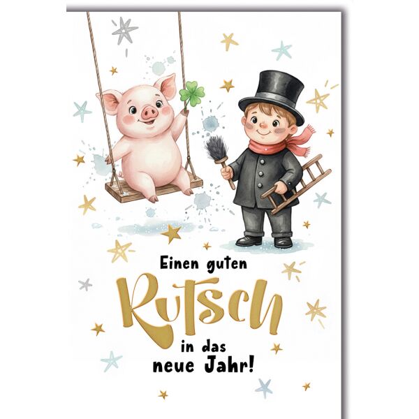 Neujahr Silvester Grußkarte mit Umschlag Schornsteinfeger und Glücksschwein