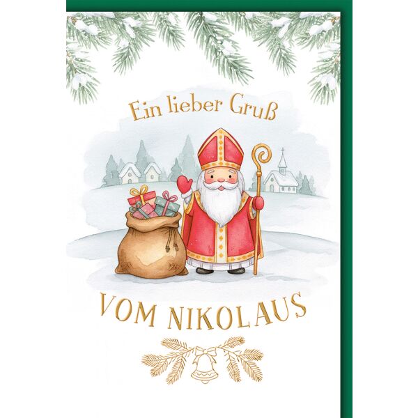 Nikolaus Grußkarte mit Umschlag Nikolaus mit Stab und Geschenken