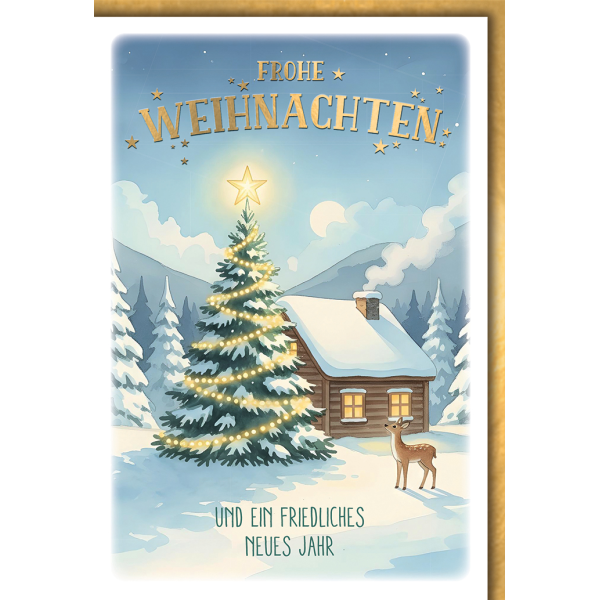 Weihnachten Grußkarte mit Umschlag Hütte Reh im Schnee Friedliches Neues Jahr