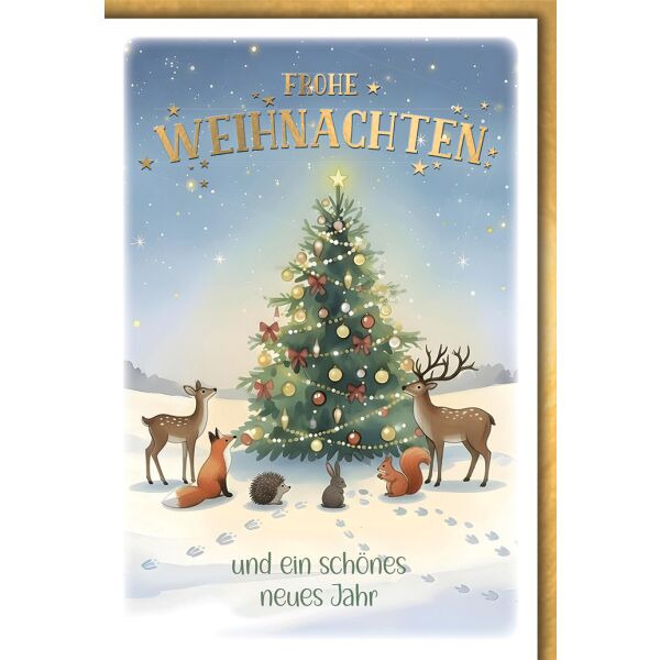 Weihnachten Grußkarte mit Umschlag Waldtiere um Tannenbaum